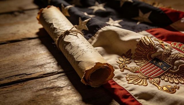 Resting vintage parchment scroll on american flag with embroidered eagle heraldry