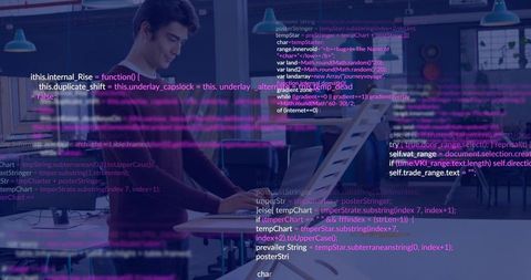 Young Developer Working at Standing Desk in Open Office with Floating Code Overlay