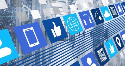 Streaming blue app icons flowing through data center aisle, network staff silhouettes