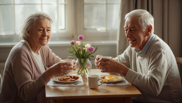 Senior couple enjoying cozy morning breakfast with coffee, eggs and tulips in sunlight