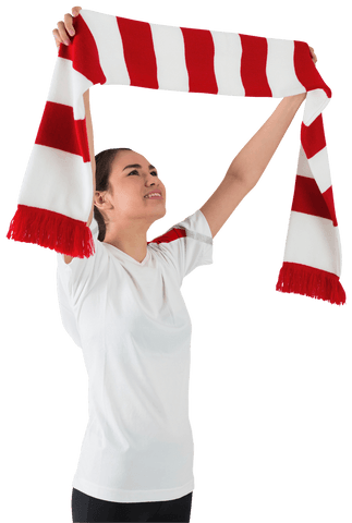 Transparent Excited Female Football Fan with Red and White Scarf