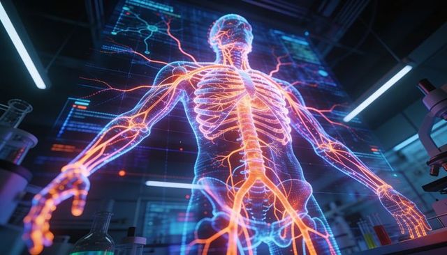 Neon holographic human anatomy display highlighting vascular and nervous networks in lab