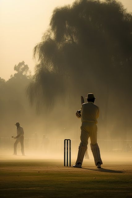 Silhouetted cricket players in foggy conditions during an early morning match, capturing the serene atmosphere and action. Perfect for illustrating sports, nostalgia, perseverance, and natural beauty themes.
