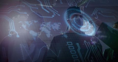 Futuristic Surgical Team with Holographic Interface in Operating Room