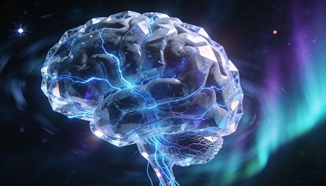 Crystal Brain Floating with Neon Neural Currents and Futuristic Aurora Background