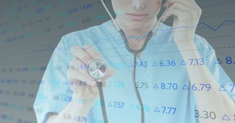 Healthcare Professional Using Stethoscope with Data Overlays Reflecting Medical Analytics