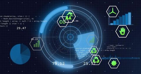 Futuristic hud displaying circular radar with co2, energy and recycling analytics