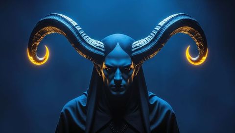 Mysterious dark satan figure with glowing horns under foggy atmosphere