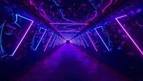 Glowing neon corridor stretching into vanishing point with cyan magenta lights, reflective floor