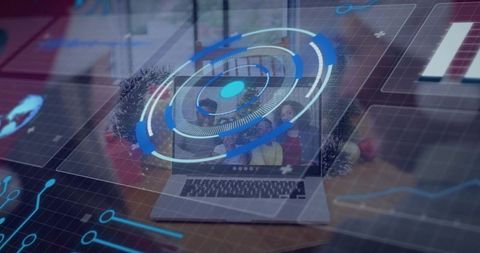 Multigenerational family connecting on laptop while holographic ui projecting futuristic data
