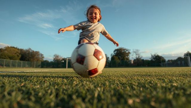 Child Playing Soccer Outdoors at Sunrise on Greenfield