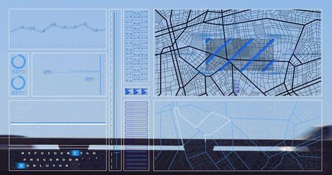 Futuristic vehicle hud navigation interface with multi-panel map telemetry and gauges
