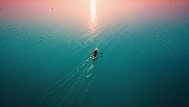 Solitary Kayaker Serenely Paddles Calm Turquoise Waters at Sunset