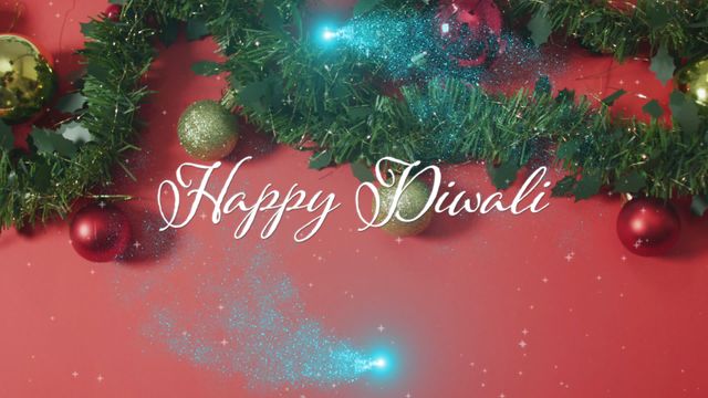 Diwali greeting card design featuring festive Christmas decorations such as garlands and colorful ornaments paired with text 'Happy Diwali'. The combination of holiday elements blending Diwali and Christmas is dynamic and can be used for festive postcards, social media greetings, or multicultural holiday promotions.