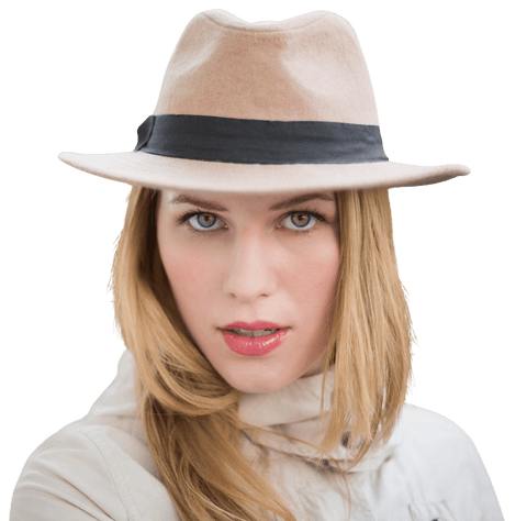 Caucasian woman wearing stylish hat on transparent background