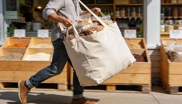 Man carrying oversized canvas tote filled with bulk nuts and grains outside market