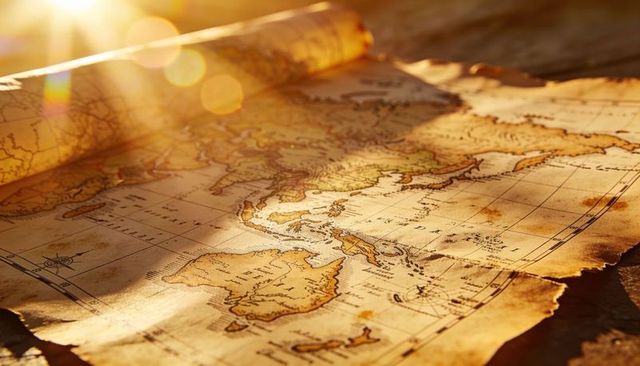 Sunlit antique parchment world map centered on pacific, australia and southeast asia