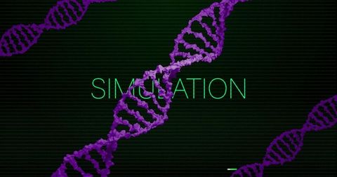 Rotating purple DNA helix crossing neon SIMULATION screen with scanlines and progress bar