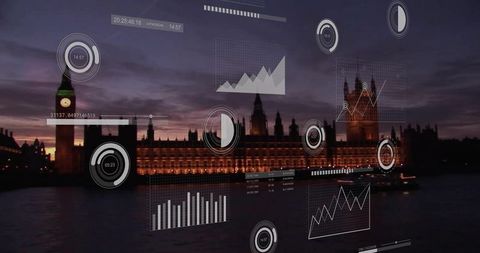Houses of Parliament with Data Infographic Overlay at Dusk