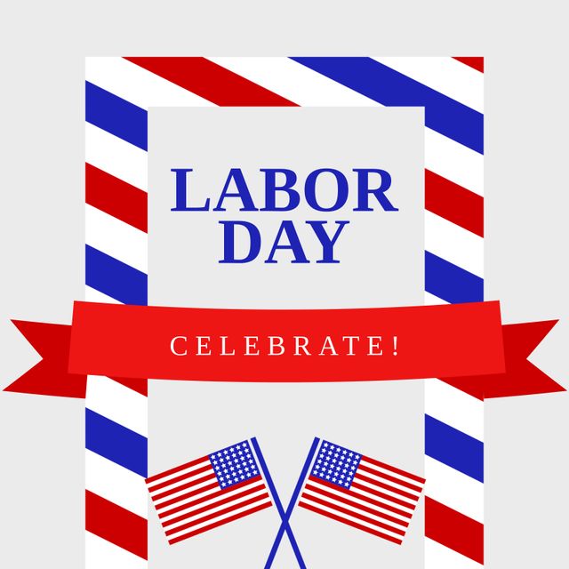 Image of celebrate labor day over grey background with flags of usa and frame. Business, working and labor day concept.