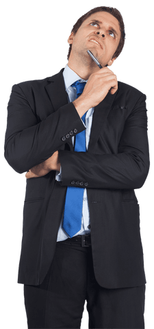 Confused Businessman Thinking With Pen on Transparent Background