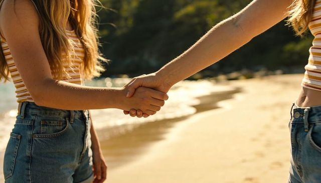 Young women holding hands on sunlit beach at golden hour, striped tops and denim shorts