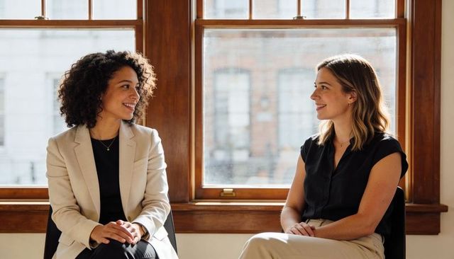 Two professional women smiling and talking in sunlit office with wooden windows