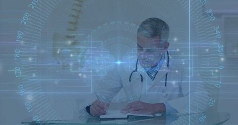 Doctor Taking Notes with Futuristic Digital Overlay in Medical Setting