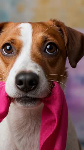 Vertical close-up video of Jack Russell holding pink cloth and wearing turquoise collar