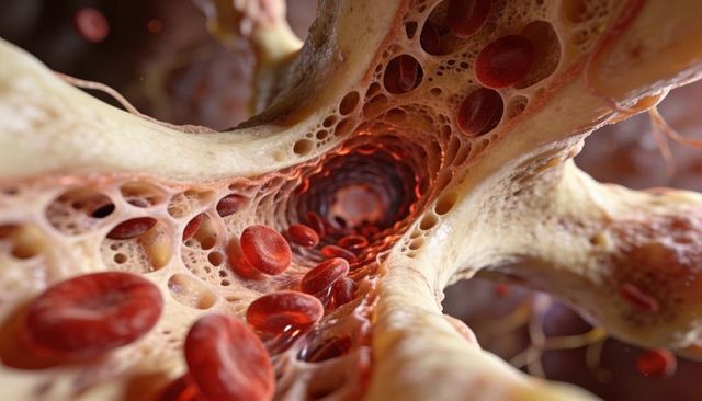 Bone marrow flow with red blood cells through trabecular spongy bone microstructure