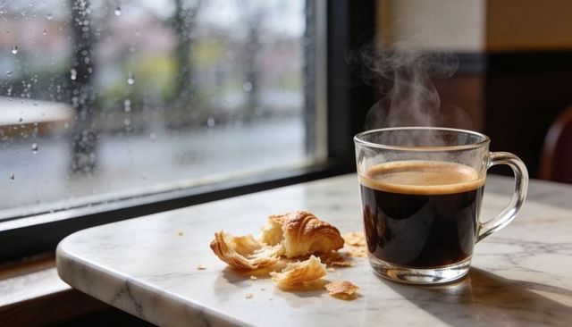 Steaming coffee and flaky croissant on marble table by rainy window