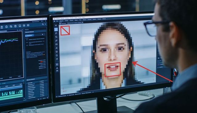 Data analyst studying pixelated face with red mouth bounding box on dual monitors using ai