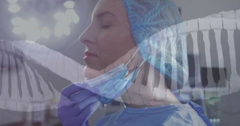 Female surgeon adjusting surgical mask with dna helix overlay in modern operating room