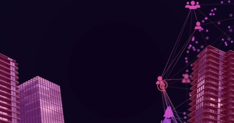 Futuristic Digital Network Over Modern Urban Cityscape at Night