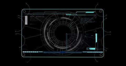Futuristic hud circular scanner interface rotating teal rings data visualization overlay
