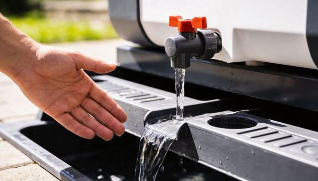 Dispensing ibc tap pouring water into pallet tray with hand collecting water outdoors setup
