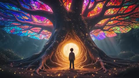 Boy Discovering Magical Tree Portal in Mystical Forest