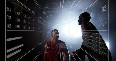 Basketball Players Analyze Digital Holographic Data in Futuristic Motion