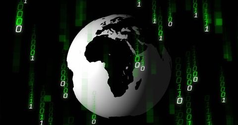 Feature highlights interplay of digital data with global iconography, evoking themes of technological advancement and interconnected world. Ideal for tech websites, cybersecurity themes, data science showcases, global internet concepts, and digital era representations.