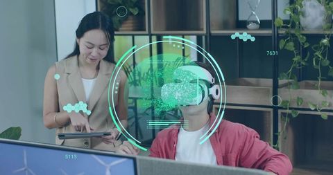 Innovative Collaboration with VR Headset in Modern Office