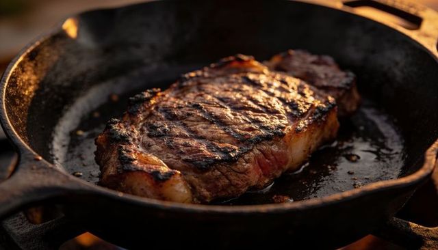 Sizzling ribeye steak seared in cast-iron skillet with caramelized crust and juices