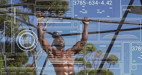 Shirtless athlete performing pull-up with augmented hud overlays in sunlit outdoor park