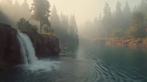 Mystical Waterfall Flow into Serene River in Foggy Forest