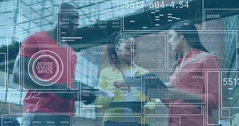 Financial data visualization with diverse team meeting in office