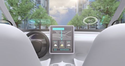 Futuristic Autonomous Car Cockpit with VR HUD Display