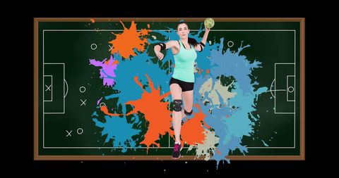 Dynamic Female Handball Player with Strategy Background