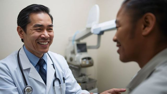 Smiling doctor consulting male patient in modern clinic exam room with stethoscope visible