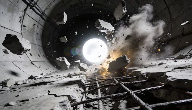 Blasting light and flying concrete debris in vertical shaft with exposed rebar and sparks