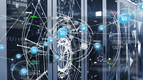 Futuristic Network Icons with Global Connections in Server Room