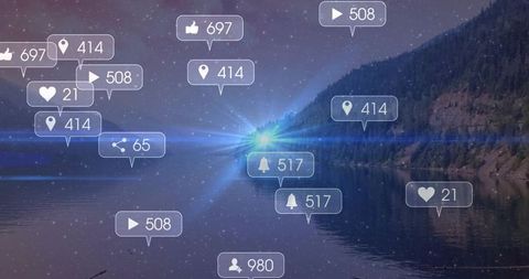 Floating social media notifications drifting over night lake with cyan flare and reflections